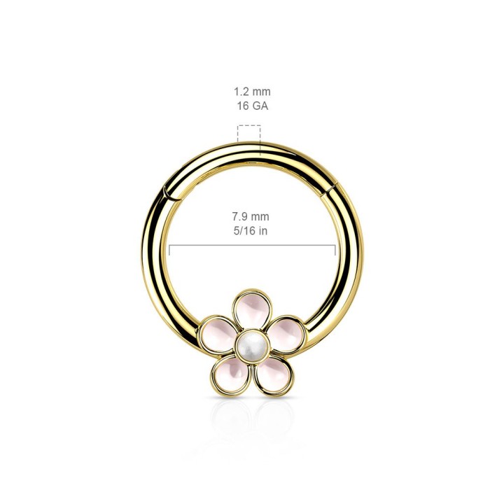 Piercing anneau segment acier doré fleur émaillée