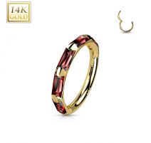 Piercing anneau oreille or jaune 14 carats pierres rectangulaires rouges