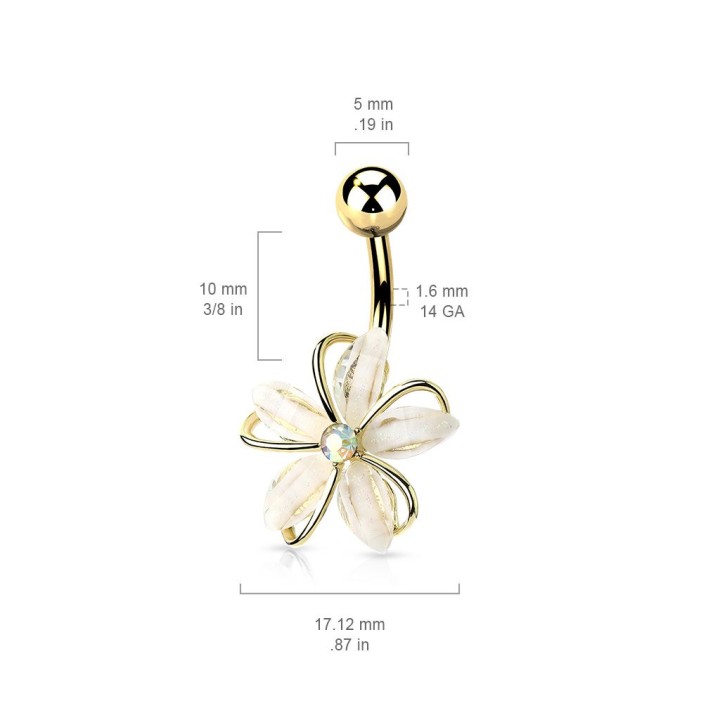 Piercing nombril fleur blanche 5 pétales plaqué or