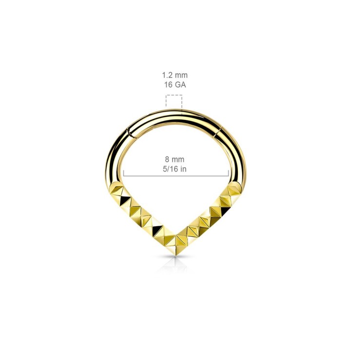 Piercing anneau segment acier doré chevrons pyramides
