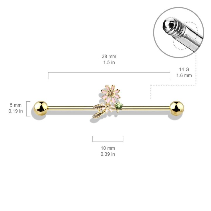 Piercing industriel oreille fleurs et feuilles plaqué or