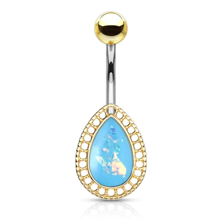 Piercing nombril larme dorée opalescente turquoise