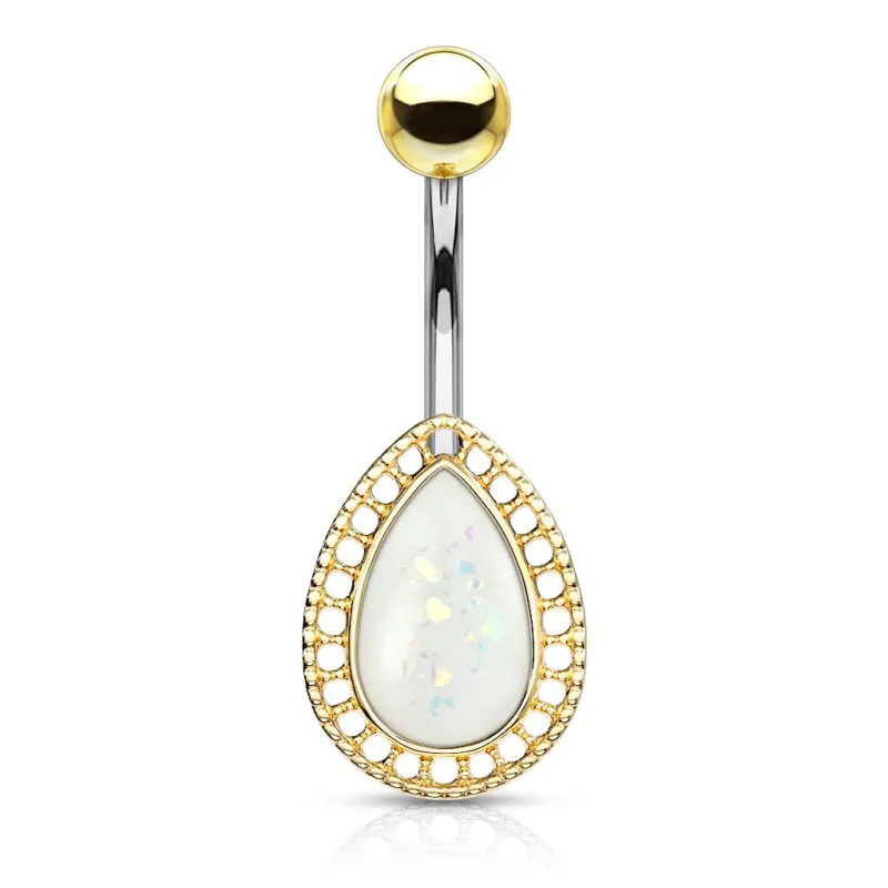 Piercing nombril larme dorée opalescente blanche