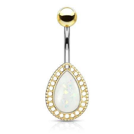 Piercing nombril larme dorée opalescente blanche