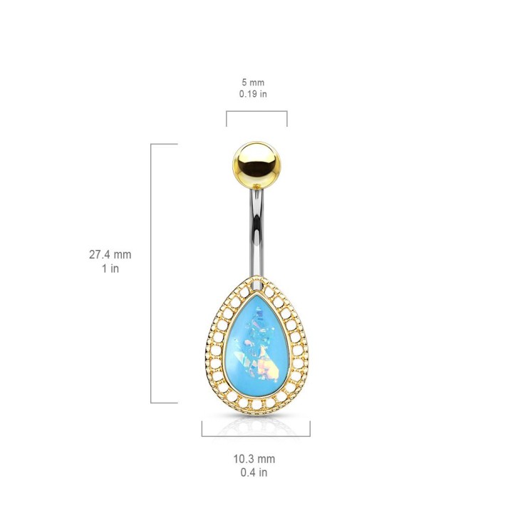 Piercing nombril larme dorée opalescente turquoise