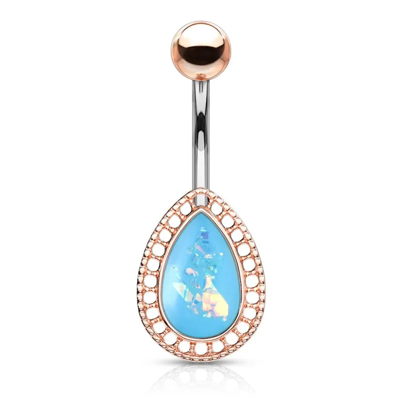 Piercing nombril larme rosée opalescente turquoise