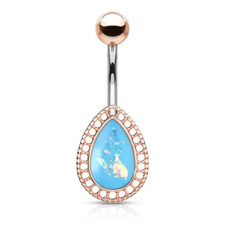 Piercing nombril larme rosée opalescente turquoise