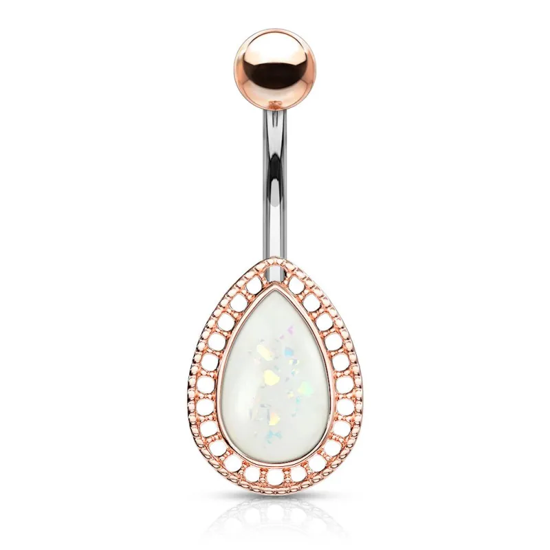 Piercing nombril larme rosée opalescente blanche