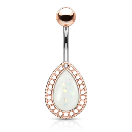 Piercing nombril larme rosée opalescente blanche