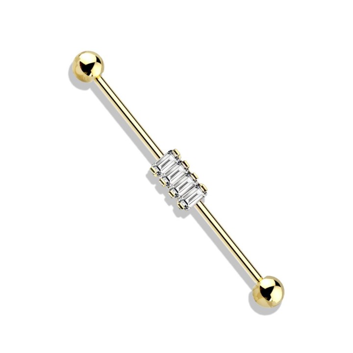 Piercing industriel oreille 4 pierres rectangulaires plaqué or