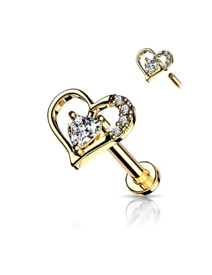 Piercing labret oreille coeur contour solitaire plaqué or