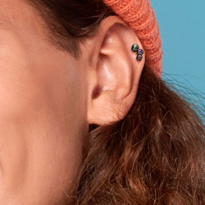 Piercing cartilage hélix noir trio cristaux vitrail