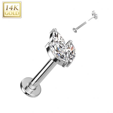 Piercing labret oreille or blanc 14 carats feuille