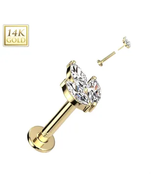 Piercing labret oreille or jaune 14 carats feuille