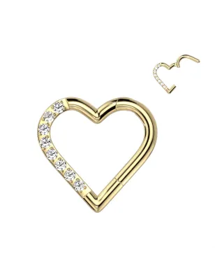 Piercing oreille anneau segment titane G23 coeur pavé doré