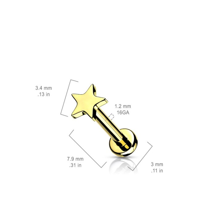 Piercing labret oreille titane doré étoile
