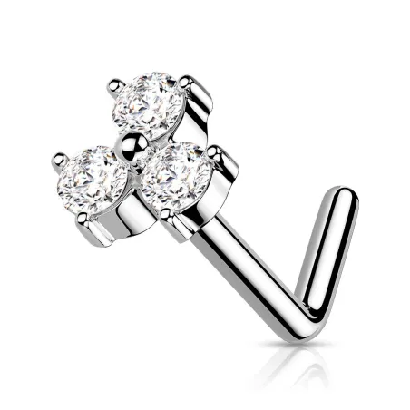 Piercing nez tige en L trois cristaux blancs