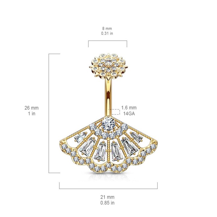 Piercing nombril plaqué or éventail vintage strass