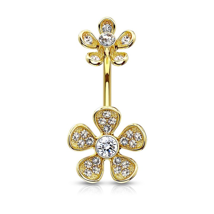 Piercing nombril plaqué or double fleur micro pavées strass