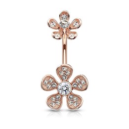 Piercing nombril plaqué or rose double fleur micro pavées strass
