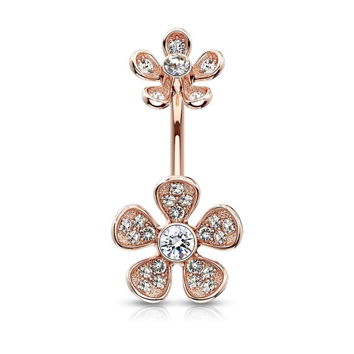 Piercing nombril plaqué or rose double fleur micro pavées strass