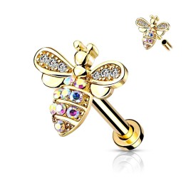 Piercing oreille labret abeille strass plaqué or