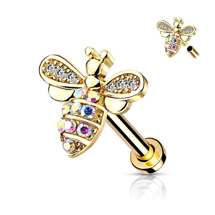 Piercing oreille labret abeille strass plaqué or