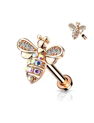 Piercing oreille labret abeille strass plaqué or rose