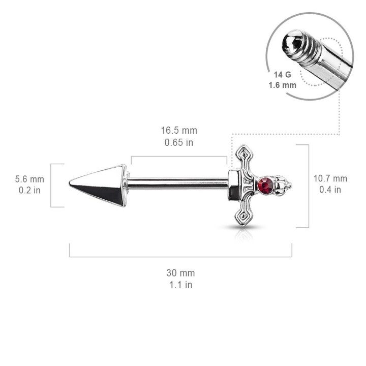 Piercing téton dague cristal rouge acier chirurgical