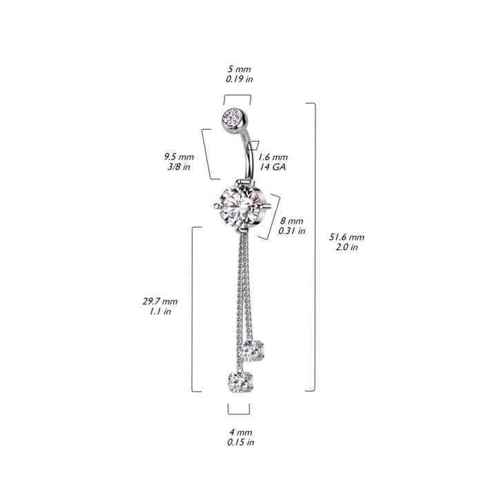 Piercing nombril double corde zirconium acier chirurgical