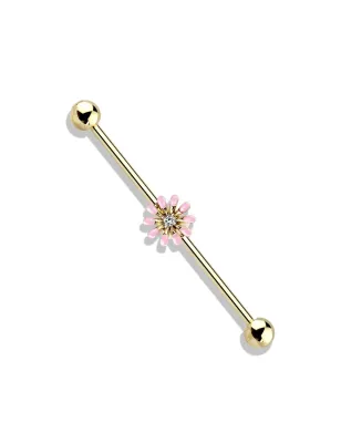 Piercing industriel oreille plaqué or fleur rose