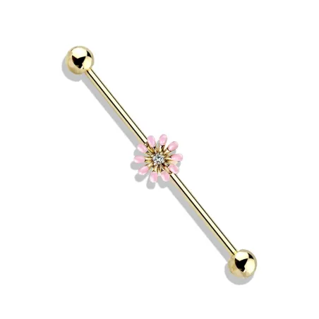 Piercing industriel oreille plaqué or fleur rose