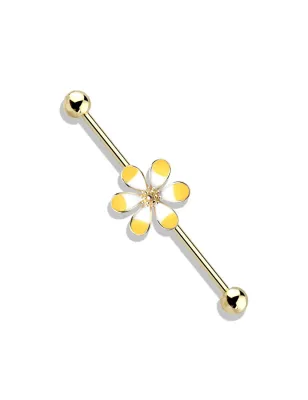 Piercing industriel oreille plaqué or fleur bicolore jaune