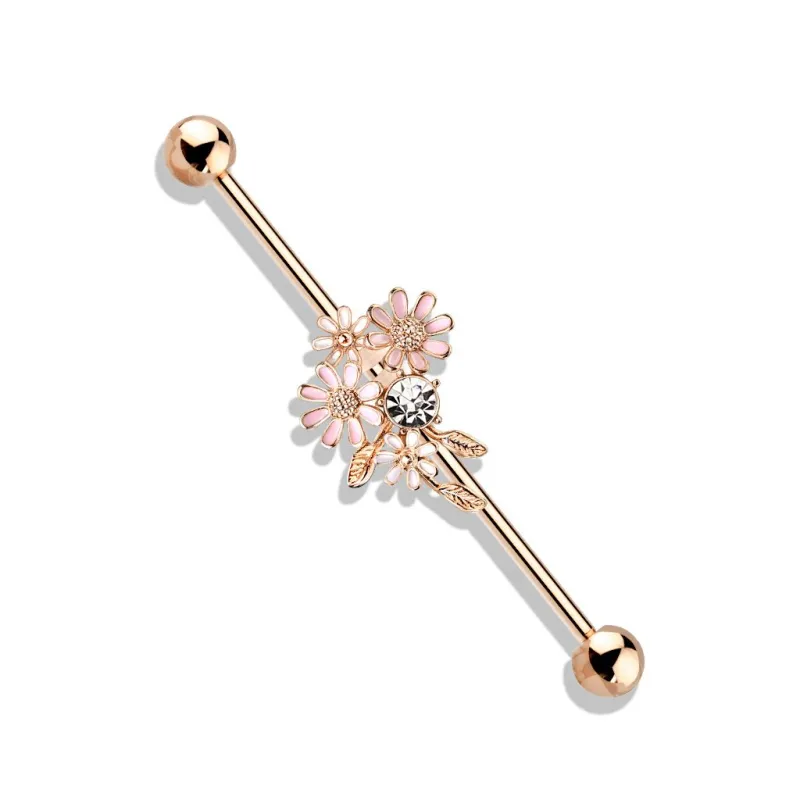 Piercing industriel oreille bouquet de fleurs plaqué or rose Piercing industriel oreille bouquet de fleurs plaqué or rose