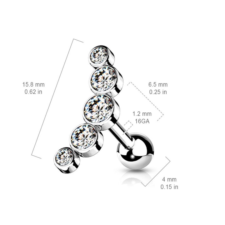 Piercing cartilage hélix incurvé cinq cristaux blanc