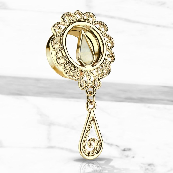 Piercing tunnel oreille plaqué or filigrane larme nacre