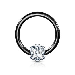 Piercing anneau Captif noir boule à cristaux blanc