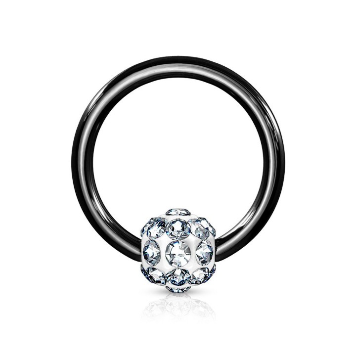 Piercing anneau Captif noir boule à cristaux blanc