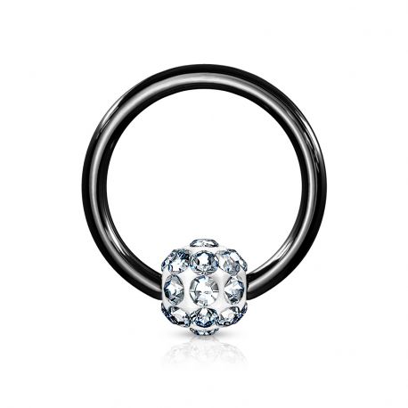 Piercing anneau Captif noir boule à cristaux blanc