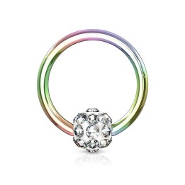Piercing anneau Captif multicolore boule à cristaux blanc
