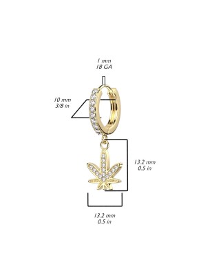 Paire boucles d'oreille anneaux plaqué or feuille cannabis strass