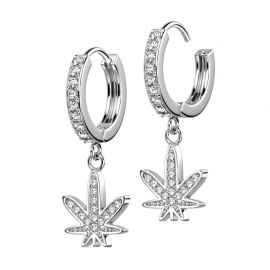 Paire boucles d'oreille anneaux plaqué platine feuille cannabis strass