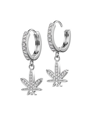 Paire boucles d'oreille anneaux plaqué platine feuille cannabis strass