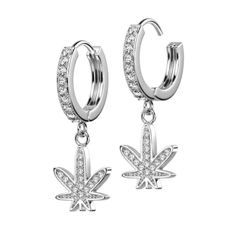 Paire boucles d'oreille anneaux plaqué platine feuille cannabis strass Paire boucles d'oreille anneaux plaqué platine feuille cannabis strass
