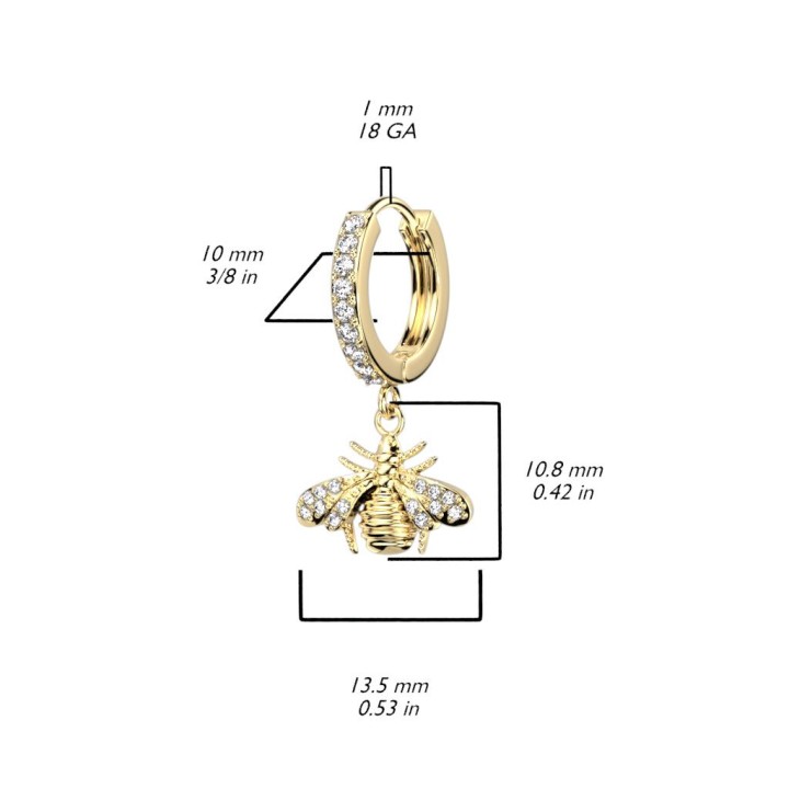 Paire boucles d'oreille anneaux plaqué or abeille strass