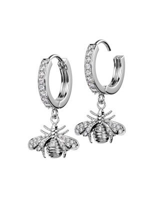 Paire boucles d'oreille anneaux plaqué platine abeille strass