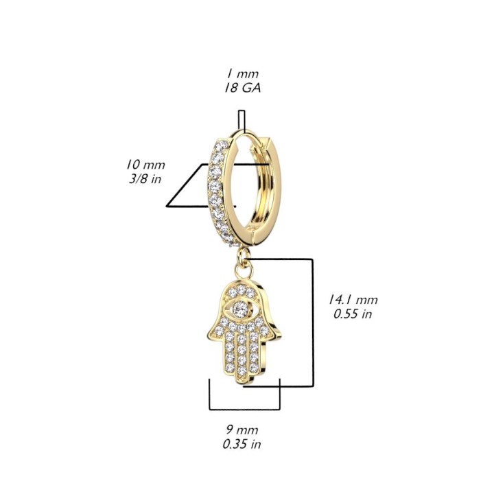 Paire boucles d'oreille anneaux plaqué or main de fatma strass