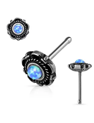 Piercing nez tige droite motif floral opale bleue