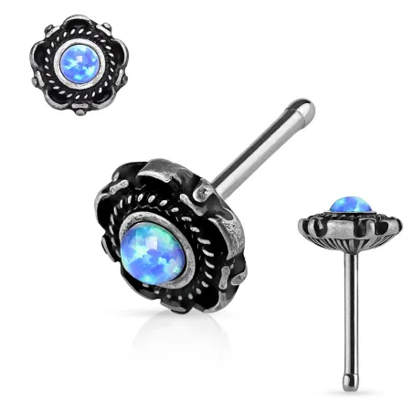 Piercing nez tige droite motif floral opale bleue