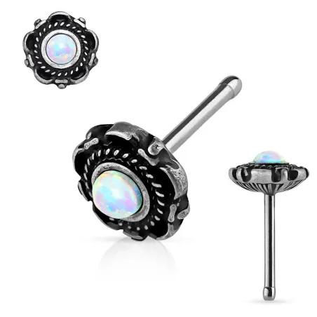 Piercing nez tige droite motif floral opale blanche